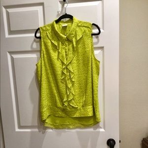 Sleeveless, chartreuse blouse, button down